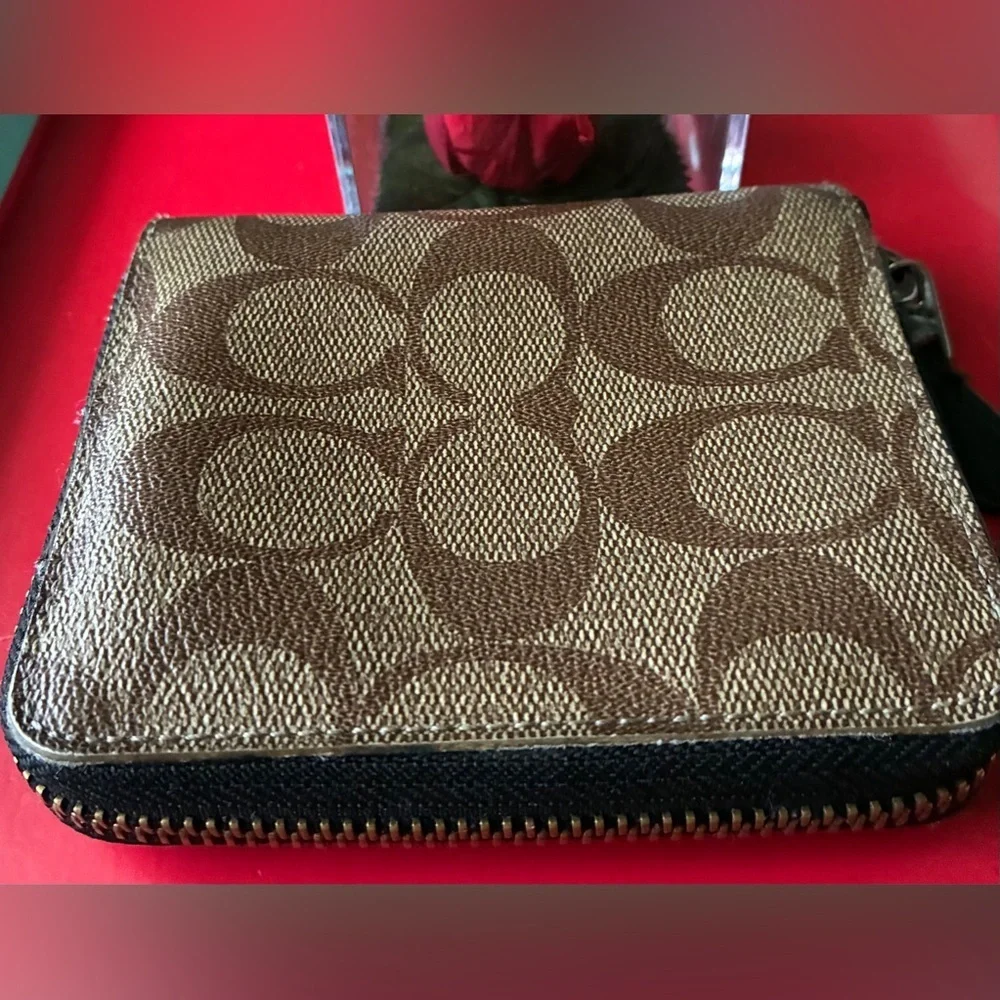Coach Signature Canvas Small Zip Wallet in Brown/Tan